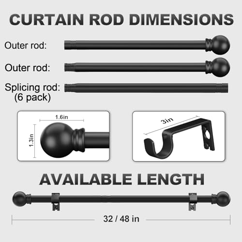 Authandis Matte Black Curtain Rods for Bedroom with Brackets,5/8 Inch Diameter Small Window Curtain Rod 32 to 48 Inches,Easy Install Drapery Rods
