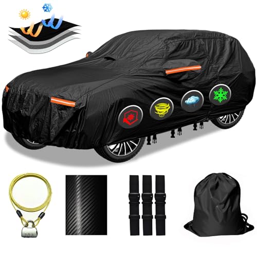 OWEEIO 30 Layers SUV Car Cover for Automobiles All Weather Waterproof, Outdoor Snowproof UV Protection Windproof, Door Zipper, Soft Cotton, Heavy Duty Universal Car Covers, (Black, Fit SUV 171"-180")