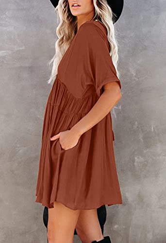HUUSA Womens Summer Cute Babydoll Swing Flowy Tunic Dress 2023 V Neck Short Sleeve Casual Loose Solid Color Fashion Mini Shift Dresses XLarge Brown