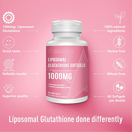 Starehonorr Liposomal Glutathione Softgels 1500MG, Reduced Glutathione Supplement with Vitamin C, Better Absorption, Non-GMO Powerful Antioxidant for Healthy Aging, Detox, Immune Health, 60 Softgels