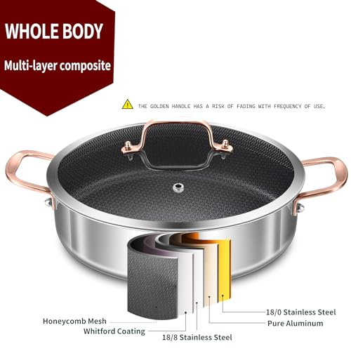 LOLYKITCH 6 Quarts Hybrid Tri-Ply Stainless Steel Sauté Pan with Lid,Induction Large Skillet, Jumbo Cooker,Dishwasher & Oven Safe