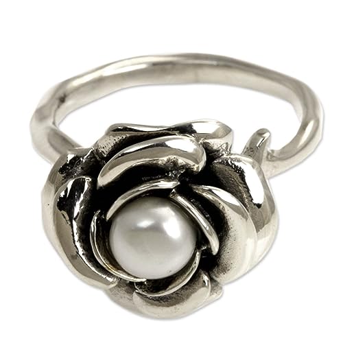 NOVICA Artisan Handmade Pearl Flower Ring Crafted Sterling Silver White Single Stone Indonesia Floral Birthstone Peace [crownbezel 0.4 in H x 0.6 in Diam. Band Width 2 mm W] ' White Rose'