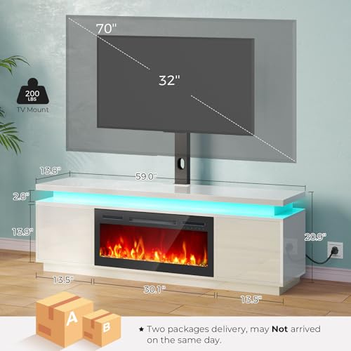Rolanstar Fireplace TV Stand with Led Lights and Power Outlets, TV Stand Mount with 30" Electric Fireplace, White Entertainment Center for 45/50/55/60/65/70 inch TVs, Modern TV Console for Living Room