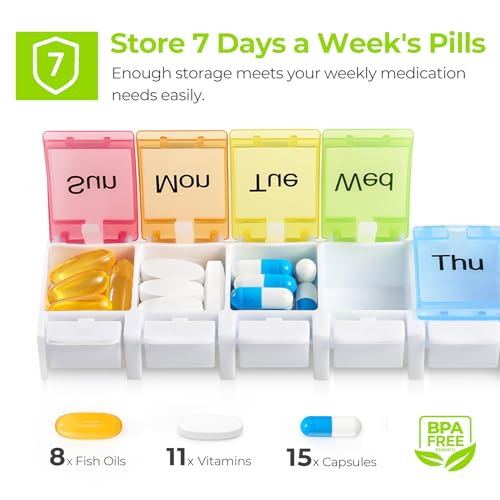 AUVON Weekly Pill Organizer Arthritis Friendly, BPA Free Travel 7 Day Pill Box Case with Spring Open Design and Large Compartment to Hold Vitamins, Cod Liver Oil, Supplements and Medication