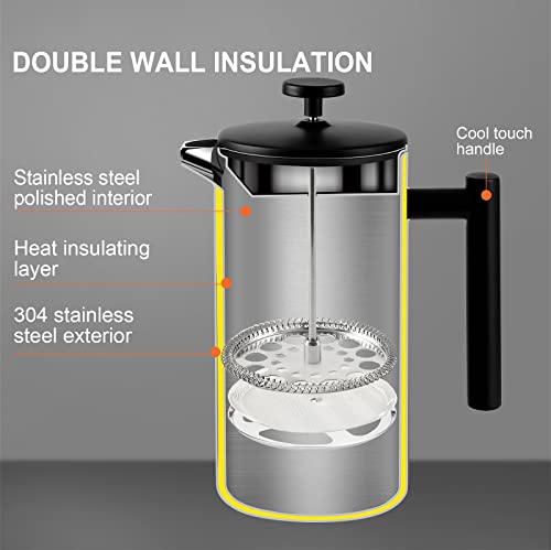 Secura French Press Coffee Maker, Double-Wall 304 Grade Stainless Steel Coffee Press with 2 Extra Screens, 34oz (1L), Black