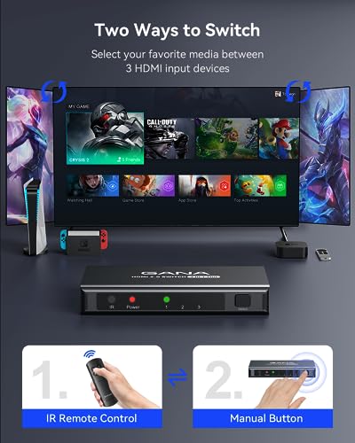 HDMI Switch 3 in 1 Out 4K@60Hz, GANA HDMI Splitter Switcher with Remote, Aluminum HDMI 2.0 Switch Box Hub for 3D, HDCP2.2, HDR, Compatible with Xbox, PS5/4/3,Fire Stick,Roku,Blu-Ray Player, Black