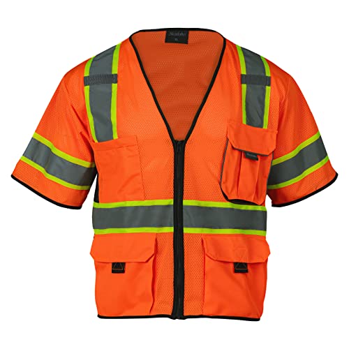 Sicalobo High Visibility Vest with Pockets Zipper for Men Women Construction Vest with Reflective Strips,Orange,L