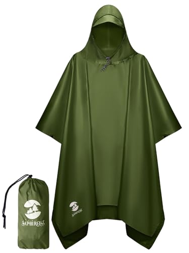 SaphiRose Hooded Rain Poncho Waterproof Raincoat Jacket for Men Women Adults (Army Green)