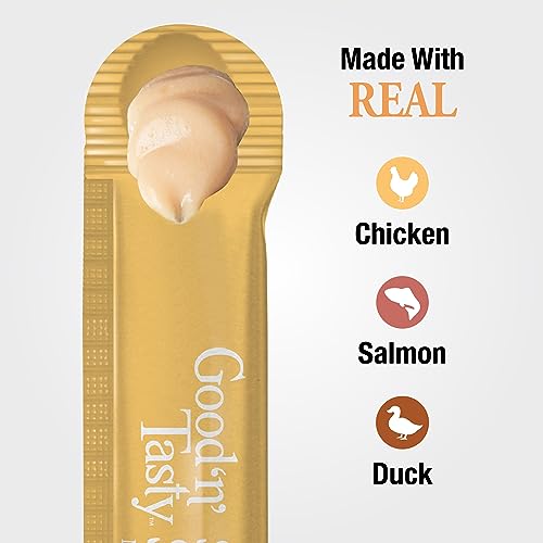 Good ‘n’ Tasty Savory Spoonables with Real Chicken, Salmon & Duck, 6 Count Tube, Triple Flavor Squeezable Lickable Wet Treats for Cats with Built-in Spoon for Less Mess