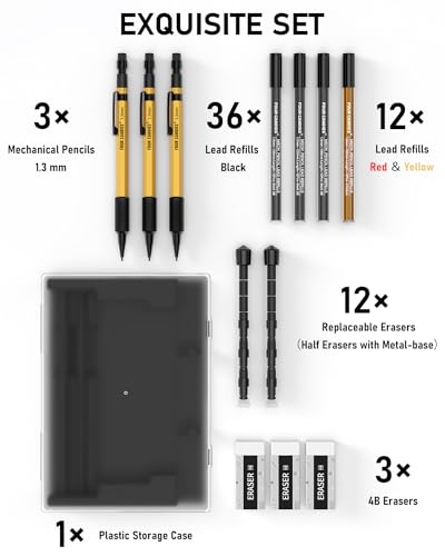 Four Candies 1.3mm Mechanical Pencil Set with 24 Lead Refills, Metal Weatherproof Heavy Duty Outdoor Carpenter Pencil, Eraser, 6 Eraser Refills for Architect Drafting Woodworking Marking with Case