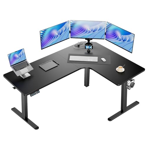 HUANUO 63″ Dual Motor L-Shaped Standing Desk, Built-in Power Outlets, Electric Height Adjustable Corner Computer Desk, Large Power Strip Holder, Sit Stand Up Desk with 3 Preset Heights, Black