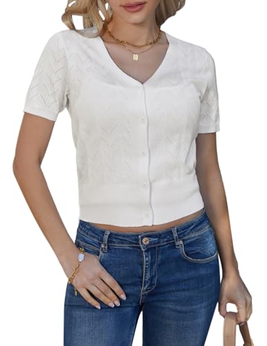 GRACE KARIN Women's Lightweight Open Front Short Sleeve Knit Cropped Cardigans Hollow Out Button Down Shrugs Sweaters,White,2XL