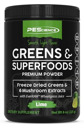 PEScience Greens Powder Superfood with Natural Chlorophyll, Reishi & Turkey Tail Mushroom Powders, Freeze-Dried Kale, Spinach, Broccoli Sprouts, Lime Flavor, 30 Servings