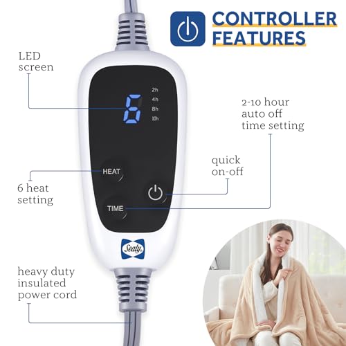 Sealy Heated Blanket Electric Throw, Flannel & Sherpa Heating Throw with 6 Heat Settings & 2-10 Hours Auto Shut Off, Fast Heating & ETL Certification, 50x60 Inch, Beige