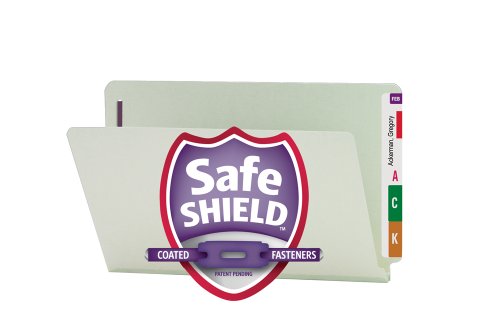 Smead End Tab Pressboard Fastener File Folder with SafeSHIELD Fasteners, 2 Fasteners, 1" Expansion, Legal Size, Gray/Green, 25 per Box (37705)