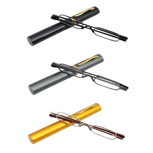 Mini Slim Pen Reading Glasses with Portable Clip Case Small Pocket Readers Men Women (3 pairs,1.00)