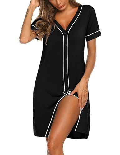 Ekouaer Womens Nightgown Button Down Sleep Shirts Short Sleeve Nightshirt V-Neck Sleepdress Soft Sleepwer, Black, Small