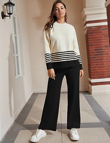 Tanming Women's Lounge Sets 2 Piece Outfits Knitted Pullover Sweater Tops Wide Leg Pants Tracksuit (Black-S)