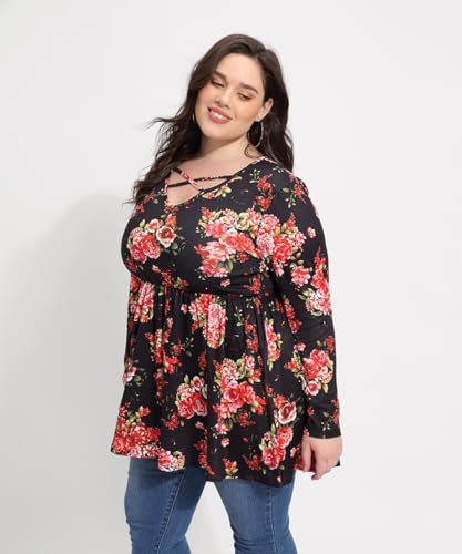 TIYOMI Plus Size Tunic For Women Long Sleeve 1X V Neck Floral Pattern Flower Print Tops Criss Cross Loose Fit Fall Autumn Winter Tunic Black XL