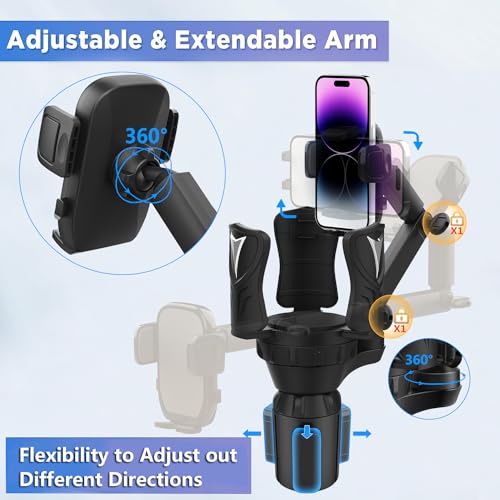 Easkkty Cup Holder Phone Mount with Expandable Holder and Base, Upgraded Universal Cellphone Cradle Car Cupholder (Adjustable) with Long Bracket Fit iPhone All Smartphone (Silver- Phone Holder)