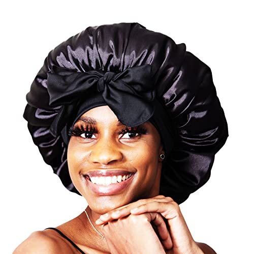 BONNET QUEEN Large Silk Bonnet for Sleeping Satin Bonnet Big Hair Bonnet Jumbo Braid Bonnet Double Layer Tie Bonnets Night Hair Wrap for Women Curly Hair Black