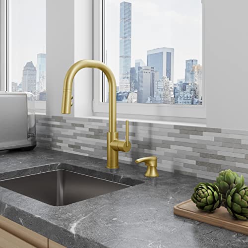 Pfister Zanna Kitchen Faucet with Pull Down Sprayer and Soap Dispenser, Single Handle, High Arc, Brushed Gold Finish, F5297ZNRBG