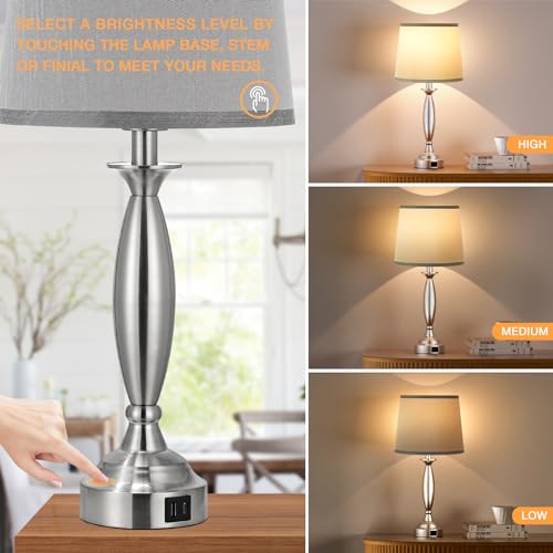 White Gold Lamps for Bedrooms Set of 2 - Touch Control Bedside Lamp with USB C+A, 3 Way Dimmable Nightstand Lamps with USB Port, Table Lamp for Living Room(White Shade and Gold Base)