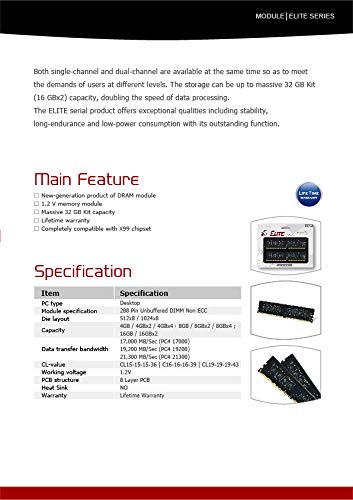 TEAMGROUP Elite DDR4 8GB Single 2666MHz PC4-21300 CL19 Unbuffered Non-ECC 1.2V UDIMM 288 Pin PC Computer Desktop Memory Module Ram - TED48G2666C1901