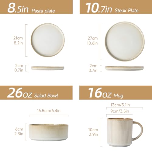 MONITO Ceramic Dinnerware 16 Pieces Bonbon Beige Dinner Set,Plates Pasta Bowls Cereal Bowls Reactive Change Glaze Dish Sets, Modern Stoneware Dishes,Gift.