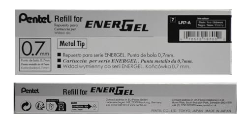 Pentel Refill Ink for EnerGel RTX Retractable Gel Pen, 12 Pack, 0.7mm, Medium Point, Navy Blue (LR7-CA)