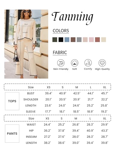 Tanming Women's 2 Piece Outfits Long Sleeve Knit Sweater Top Wide Leg Pants Lounge Sets Tracksuits (Apricot, X-Small)