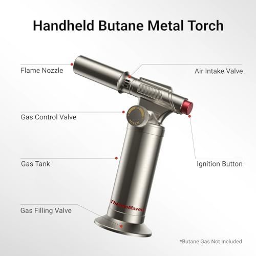 ThermoMaven Metal Butane Torch, Kitchen Torch Lighter, Refillable Cooking Blow Torch, Fit All Butane Tanks with Adjustable Flame for Culinary Food, Brulee, Baking, Soldering, DIY (Fuel Not Included)