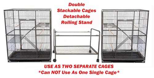 Large Double Stacker Breeding Flight Bird Wrought Iron Double Parrot Bird Separate Breeder Cages Side Nesting Box Doors Easy to Clean Bottom Grates and Trays Removable Rolling Stand