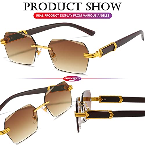 AIEYEZO Retro Rimless Sunglasses Rectangle Unisex Vintage Frameless Sun Glasses Fashion Square Tinted Glasses (Gold/Grey + Gold/Grey Gradient + Gold/Clear)