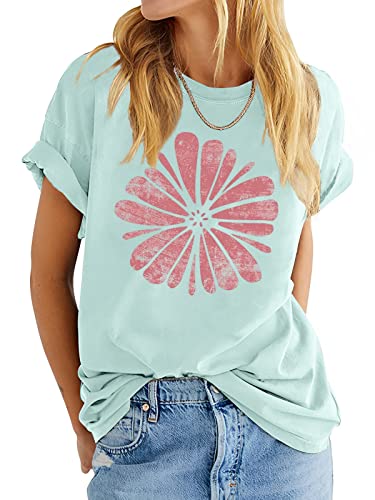 Anbech Women's Sunflower Shirts Cute Flower Graphic Tees Botanical Tshirt Rolled Sleeve Tops (Blue, S)