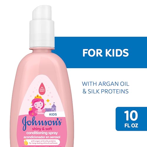 Johnson's Baby Shiny & Soft Tear-Free Kids' Hair Conditioning Spray with Argan Oil & Silk Proteins, Paraben, Sulfate & Dye-Free Formula, Hypoallergenic & Gentle for Toddlers, 10 Fl Oz