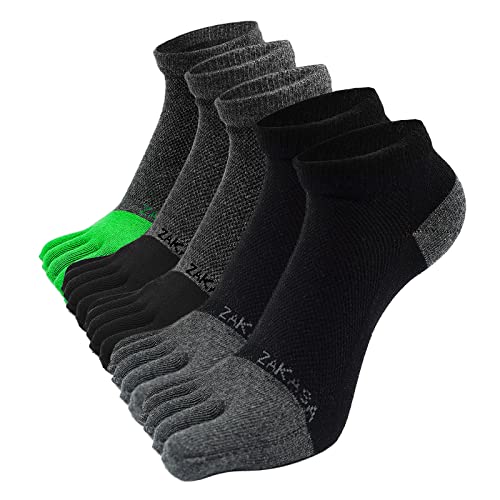 ZAKASA Mens Ankle Toe Socks Athletic Running Five Finger Socks Cotton Low Cut No Show Socks 5 Pairs Size 8-15 Multicolor