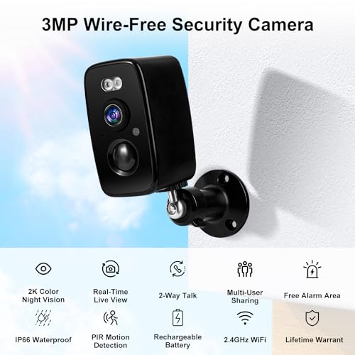 Security Cameras Wireless Outdoor, 2K 3MP Battery Powered Outdoor Camera Wireless WiFi Color Night Vision Motion Detection Surveillance Home Siren Alarm 2-Way Talk IP66 Waterproof Cloud/SD Storage