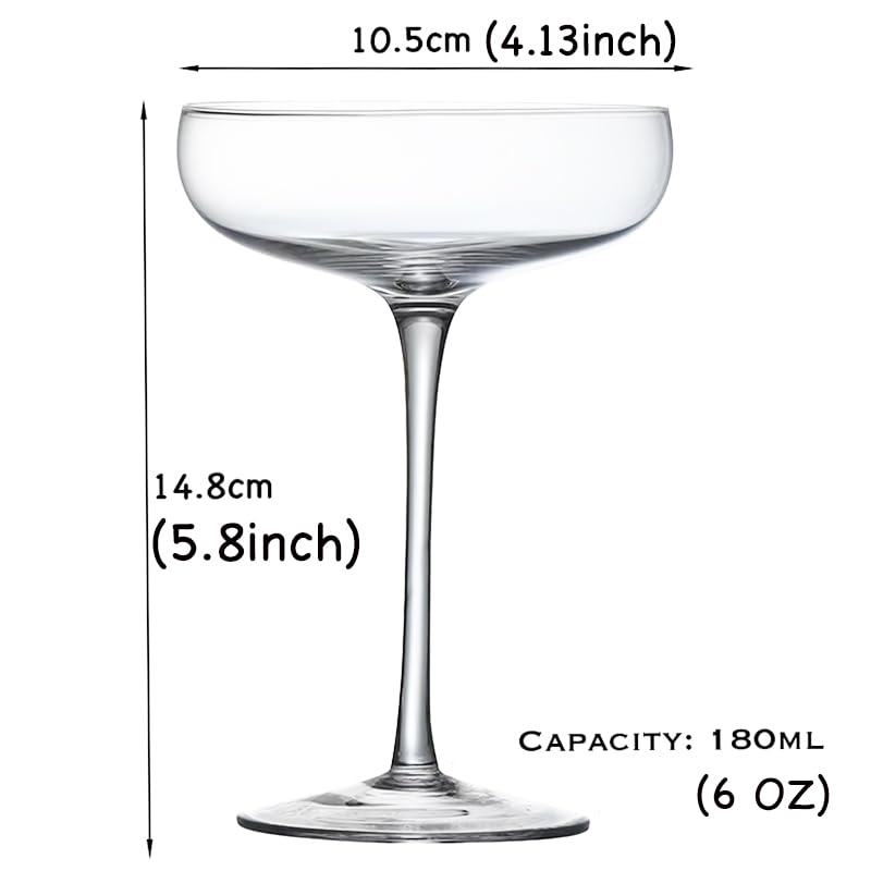 Cocktail Coupe Glasses, Set of 4, 6 Oz Crystal Clear Stemmed Glasses for Manhattan, Martini, 5.8 Inch Height