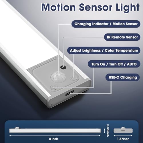 Yacoto Motion Sensor Under Cabinet Lights, 34 LED Remote Control Closet Light 3 Color Temperature Dimmable Rechargeable Wireless Under Counter Lighting for Kitchen, Bedroom, Stairs (2 Pack, 8 in)