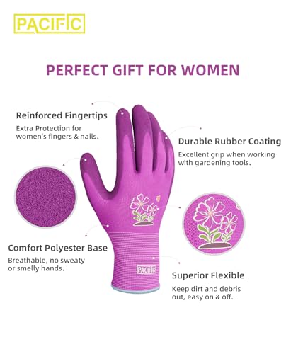 PACIFIC PPE 2 Pairs Gardening Gloves for women and Ladies, Rubber Coated Garden Gloves, Outdoor Protective Work Gloves, Small, Purple
