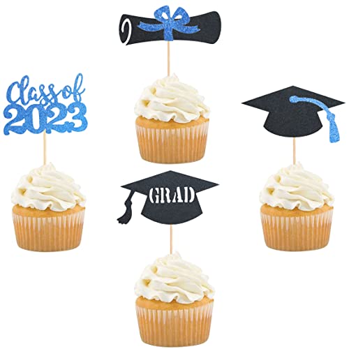 24Pcs 2023 Graduation Cupcake Toppers Gold Glitter 2023 Grad Cap Cupcake Picks Cake Decorations Graduation Theme Party Supplies