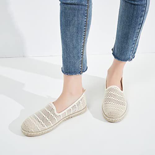 BABUDOG Women's Breathable Mesh Flats Shoes, Soft Loafers Flats, White Slip on Shoes Loafers(Beige.US6)