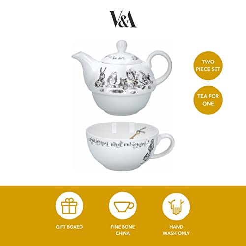 CREATIVE TOPS Tea for One Teapot and Cup Set in Gift Box, Fine China, 250 ml, Gold,white, Alice in Wonderland themed