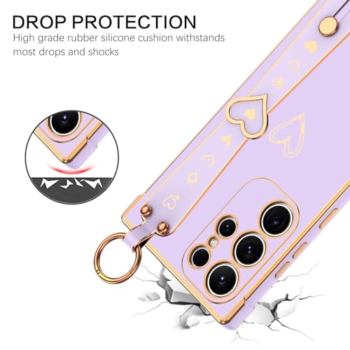 BENTOBEN Compatible with Samsung Galaxy S24 Ultra Phone Case 2024, Slim Thin Shockproof Kickstand Holder Protective TPU Bumper Drop Protection Cute Heart Girl Women Boy Men S24Ultra Cover, Purple/Gold