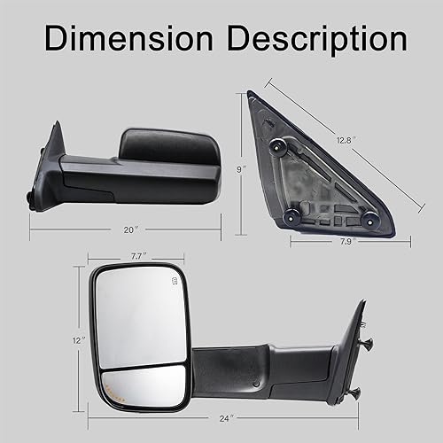 WLLW Towing Mirrors fit for 2009-2018 Dodge Ram 1500 2500 3500 Pickup with Manual Adjust Glass Manual Flip Manual Folding Black Cap