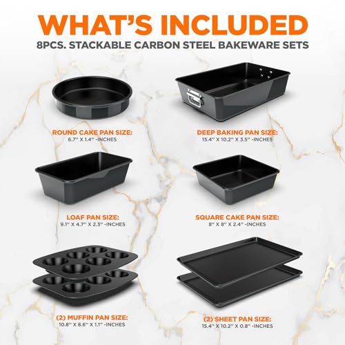 NutriChef 8-Piece Stackable Nonstick Bakeware Set - Premium Steel Baking Tray Set - Includes Round Cake Pan, 6-Cup Muffin Pans, Wide/Square Brownie & Loaf Pans, Cookie Sheet, & Roaster Pan (Black)