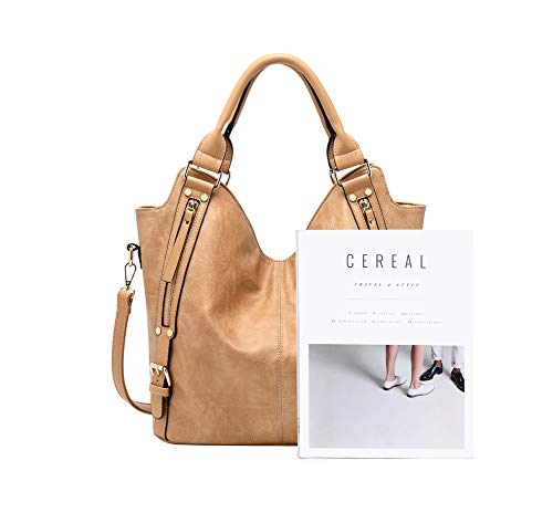 Women Tote Bag Handbags PU Leather Fashion Hobo Shoulder Bags with Adjustable Shoulder Strap (M, Apricot)
