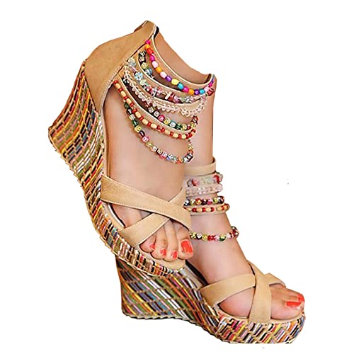 getmorebeauty Women's Wedge Sandals Diamond Across The Top Platform High Heels（US 6 BEIGE）