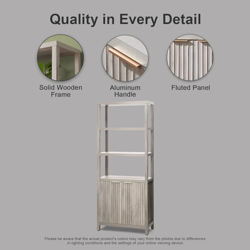 OAKHAM HOME Oxford Bookshelf, Tall Book Shelf with Doors Cabinet, 5-Tier Bookcase, Large Wooden Bookshelves with Fluted Panel, Bookcases with Storage for Living Room, Bedroom (Gray Oak)